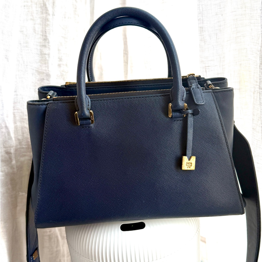 Summer Sale Mcm Navy Blue Leather Satchel W/ Strap & Gold Hardware